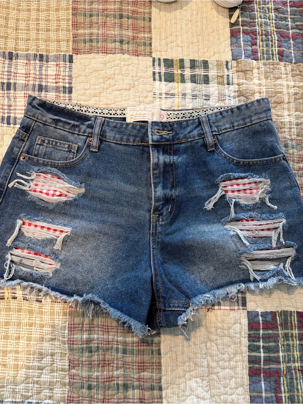 PROJECT REBEL Distressed Blue Denim Women's Shorts with Red Gingham Patch